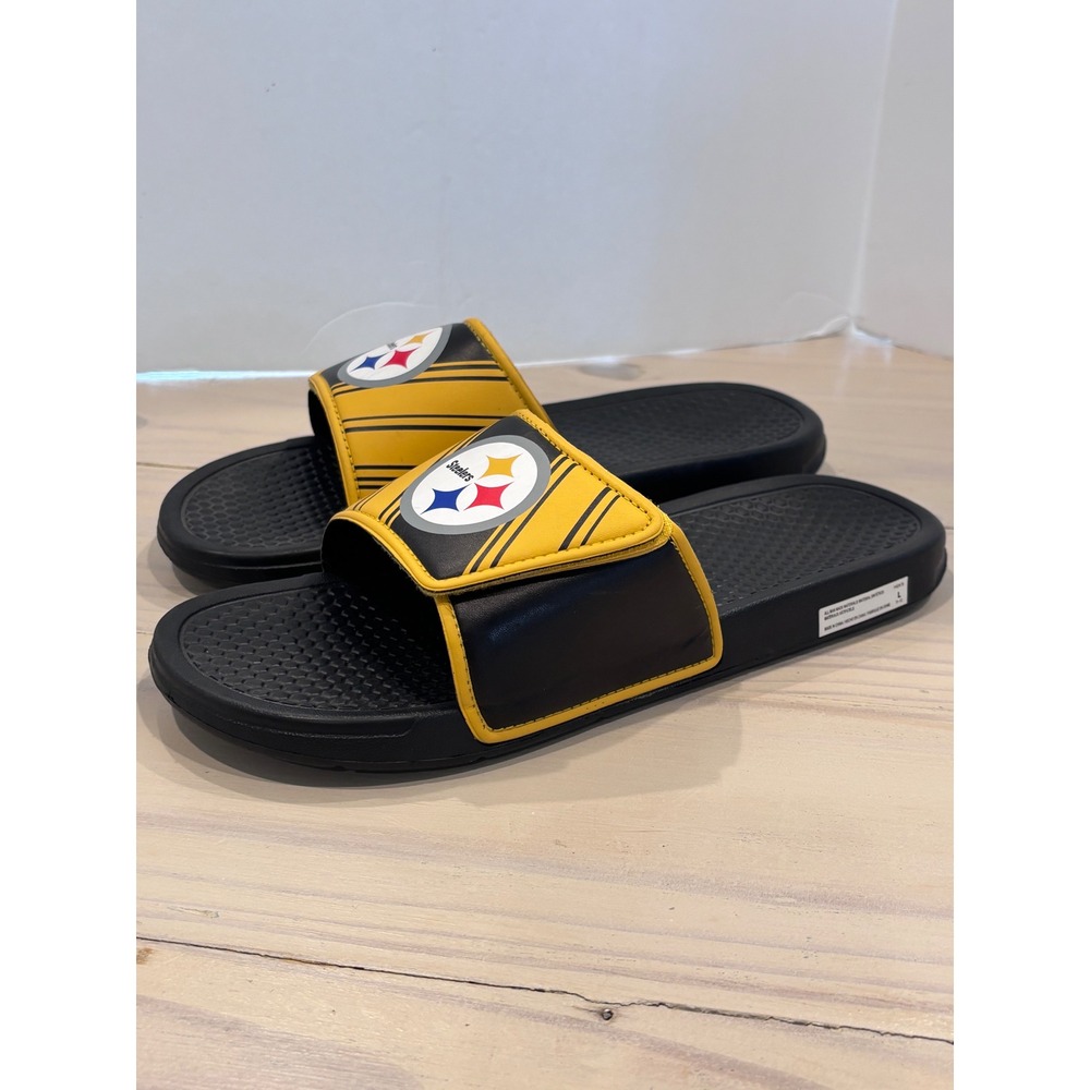 Pittsburgh Steelers NFL Mens Slide Sandals Black Yellow Size L 11-12 FCUN1122